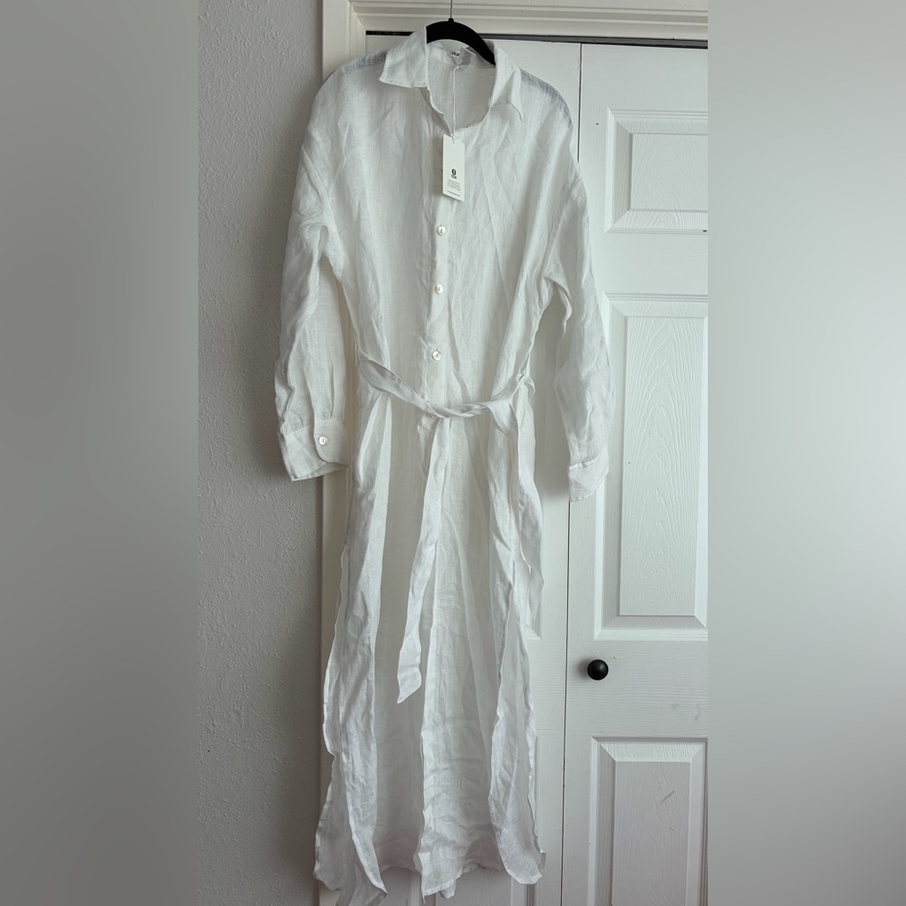 VITAMIN A Playa Linen Maxi Midi Dress Beach Pool Belted Side Slit Coverup
